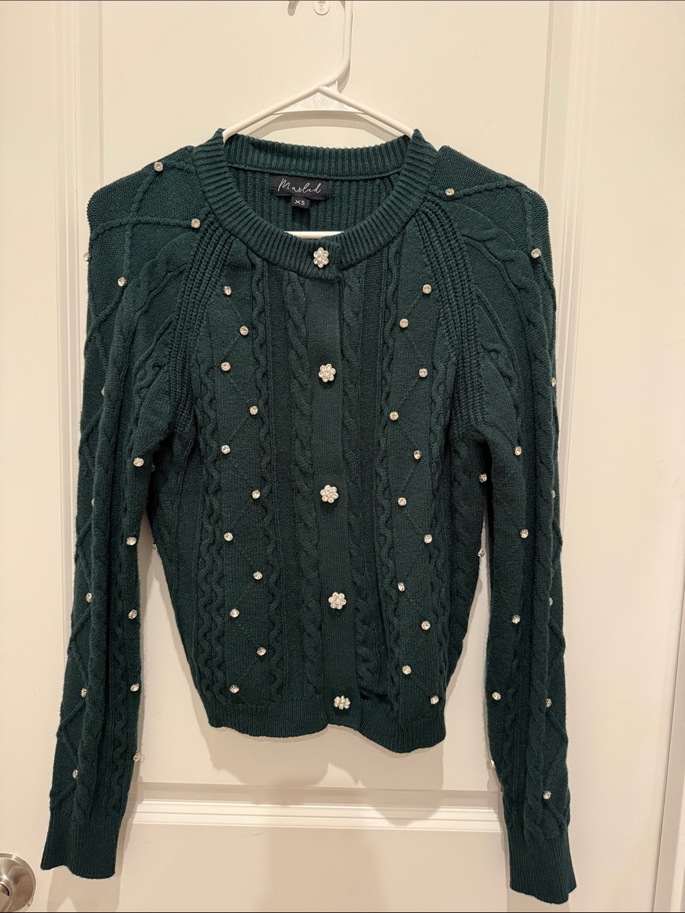 Marled Emerald Green Pearl-Accent Cable Cardigan